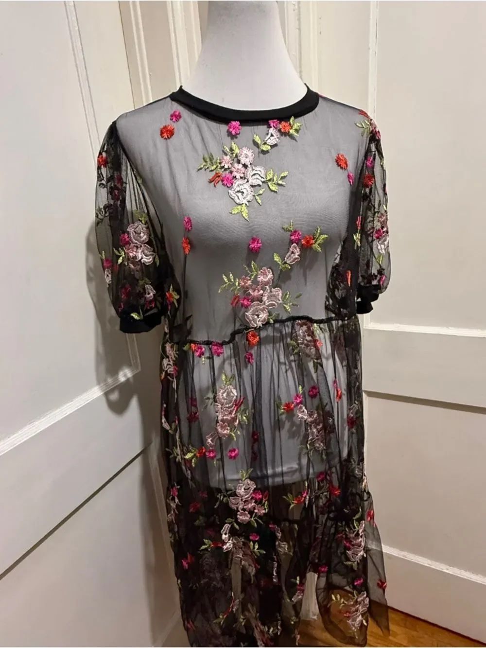 SHEIN Black Sheer Floral Embroidered Midi Dress with Pink & Green Accents